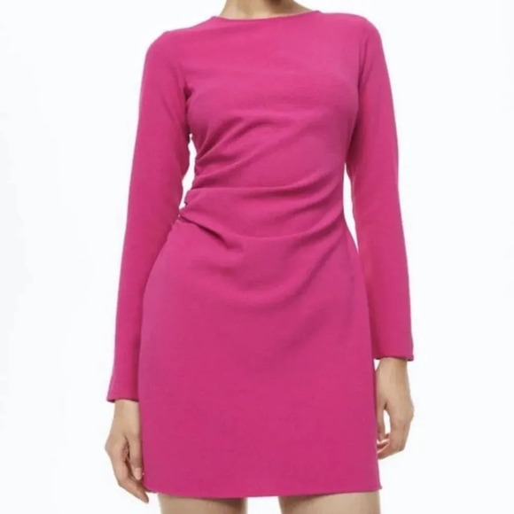 NWT H&M Hot Pink Gathered Scoop Neck Bodycon Mini Dress with Ruching Size  XS - Picture 2 of 16